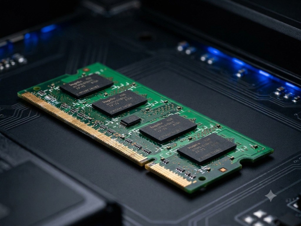 Módulo de memoria RAM apoyado sobre una placa base con iluminación azul