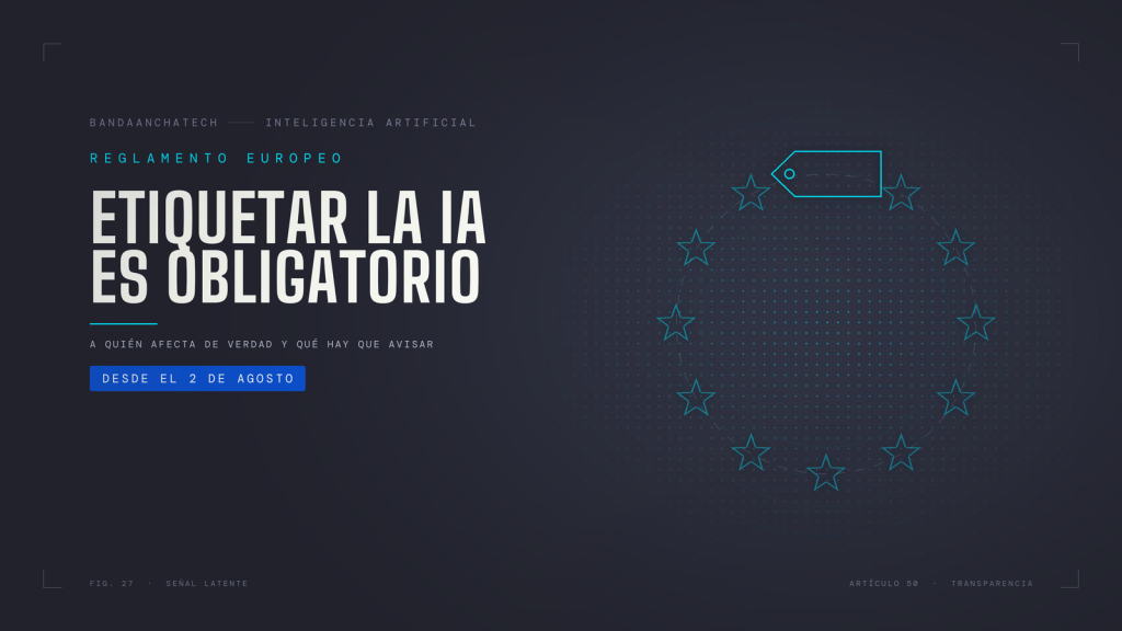 Anillo de estrellas de la Unión Europea dibujado en líneas cian sobre fondo oscuro, con una etiqueta ocupando el lugar de la duodécima estrella