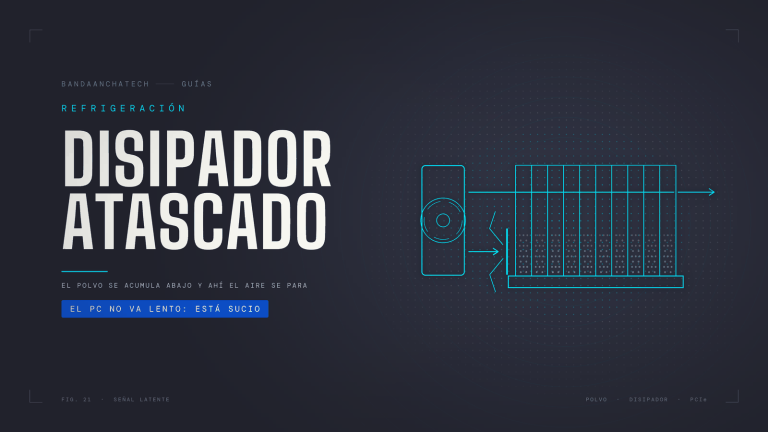 Ilustración en líneas cian de un disipador de procesador con polvo acumulado entre las aletas: el aire del ventilador pasa por la parte limpia de arriba y se detiene en la sucia de abajo