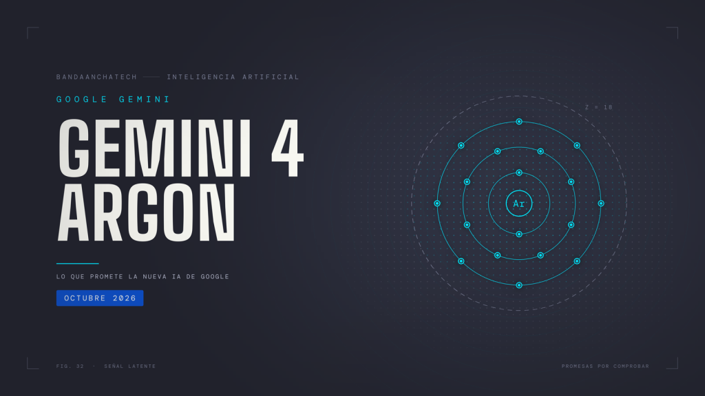Lámina con el texto Gemini 4 Argon junto al dibujo de un átomo de argón, con su núcleo y tres capas de electrones, y una cuarta órbita vacía dibujada a trazos