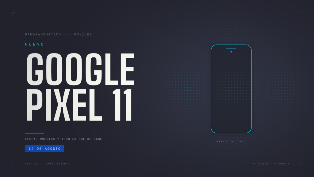 Ilustración con el contorno luminoso de un teléfono móvil y el texto Nuevo Google Pixel 11, 12 de agosto