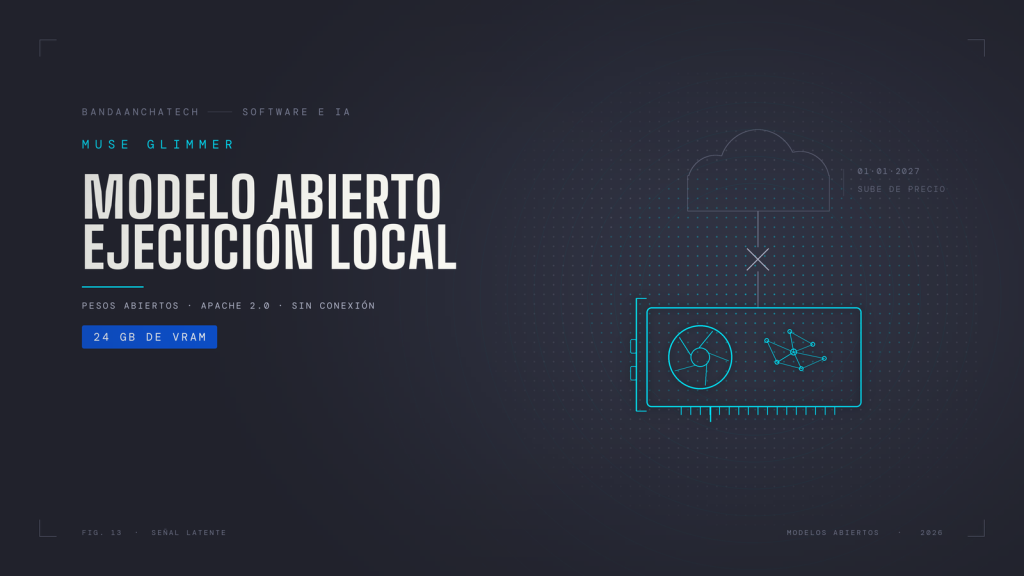 Ilustración de líneas cian sobre fondo oscuro: una tarjeta gráfica con un modelo de inteligencia artificial dibujado en su interior y el cable que la unía a la nube cortado por la mitad.