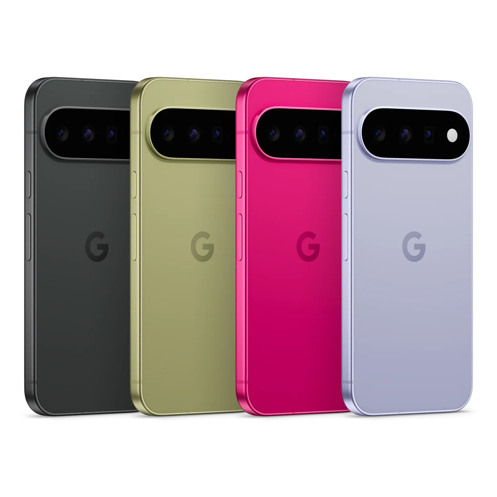 Los cuatro colores del Google Pixel 11 vistos por detrás, sobre fondo transparente