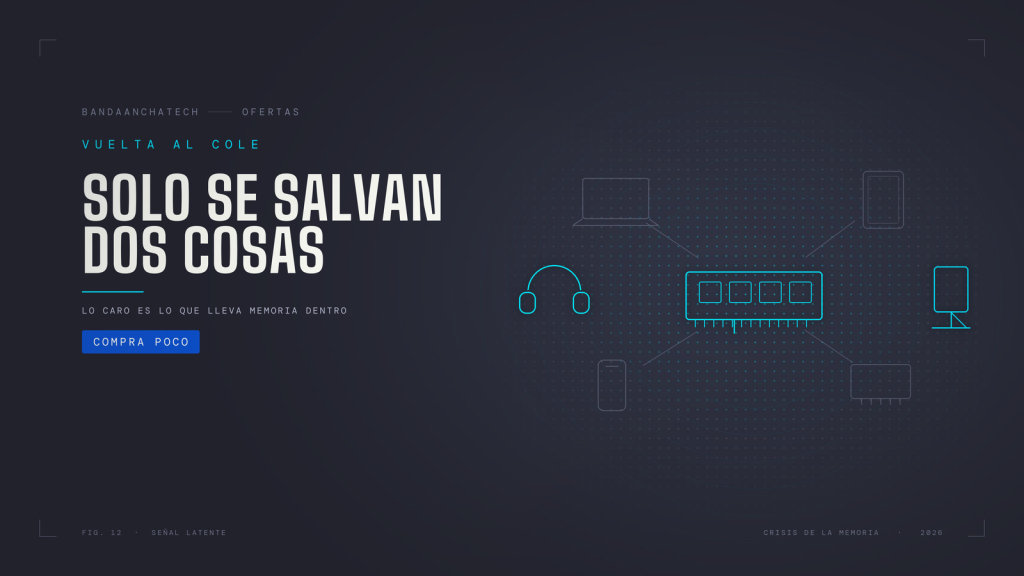 Diagrama en líneas cian sobre fondo oscuro: un módulo de memoria RAM en el centro, conectado a un portátil, una tablet, un móvil y un disco; a los lados, sin conexión, unos auriculares y un soporte para tablet